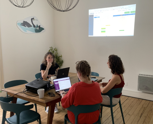 Photo d'une salle de réunion lumineuse à Nantes Erdre, avec trois personnes qui travaillent. Un vidéoprojecteur est utilisé.